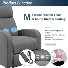 Cargar imagen en el visor de la galería, Fabric Recliner Chair Adjustable Home Theater Single Massage Recliner Sofa Furniture with Thick Seat Cushion and Backrest Modern Living Room Recliners (Grey)