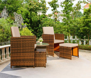 NEW 4 Pieces Patio Wicker Furniture Set Outdoor Patio Chairs with Ottomans All Weather Cushioned Chairs Balcony Porch Furniture (Beige)