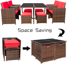 Cargar imagen en el visor de la galería, Brand New 9 Pieces Patio Dining Sets Outdoor Space Saving Rattan Chairs with Glass Table Patio Furniture Sets Cushioned Seating and Back Sectional Conversation Set (Red)