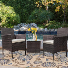 Cargar imagen en el visor de la galería, Brand New 3 Pieces PE Rattan Wicker Chairs with Table Outdoor Garden Furniture Sets (Brown/Beige)