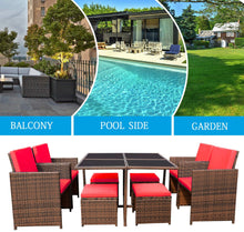 Cargar imagen en el visor de la galería, Brand New 9 Pieces Patio Dining Sets Outdoor Space Saving Rattan Chairs with Glass Table Patio Furniture Sets Cushioned Seating and Back Sectional Conversation Set (Red)