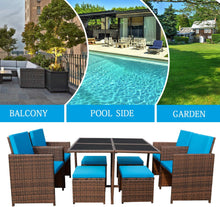 Load image into Gallery viewer, Brand New 9 Pieces Patio Dining Sets Outdoor Space Saving Rattan Chairs with Glass Table Patio Furniture Sets Cushioned Seating and Back Sectional Conversation Set (Blue)