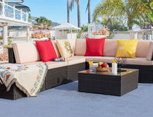 Cargar imagen en el visor de la galería, Brand New 7 Pieces Patio Furniture Sectional Set Outdoor Wicker Rattan Sofa Set Backyard Couch Conversation Sets with Pillow, Cushions and Glass Table(Beige)