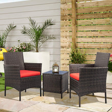 Cargar imagen en el visor de la galería, Brand New 3 Pieces PE Rattan Wicker Chairs with Table Outdoor Garden Furniture Sets (Brown/Red)