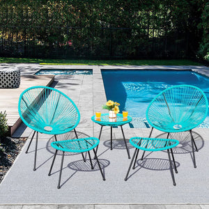 Brand New 5 Piece Outdoor Furniture Set Acapulco Modern All-Weather Conversation Set, 2 Chairs and 1 Glass Table with 2 Footrest for Indoor, Patio, Lawn, Garden, Poolside (Blue)