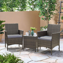 Cargar imagen en el visor de la galería, Brand New 3 Pieces PE Rattan Wicker Chairs with Table Outdoor Garden Furniture Sets (Brown/Grey)