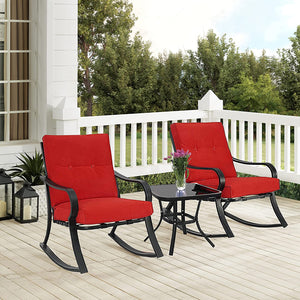 Brand New 3 Piece Rocking Bistro Set Wicker Patio Outdoor Furniture Porch Chairs Conversation Sets with Glass Coffee Table (Red)