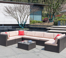 Cargar imagen en el visor de la galería, Brand New 9 Pieces Outdoor Patio Sectional Sofa All-Weather Patio Furniture Sets Manual Weaving Wicker Rattan Patio Conversation Set with Cushions and Glass Table