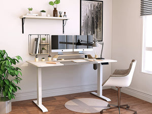 Large Electric Height Adjustable Standing Desk 55 x 28 Inches Computer Desk Stand Up Home Office Workstation Desk T-Shaped Metal Bracket Desk with Wood Tabletop and Memory Settings （White）