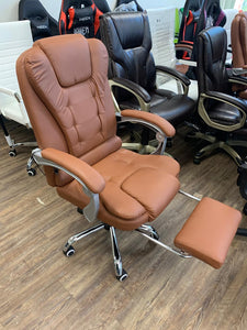 New High Back Ergonomic Executive Office Chair, With Vibration, PU Leather Computer Chair with Retractable Footrest, Lumbar Support, Padded Headrest and Armrest, Brown