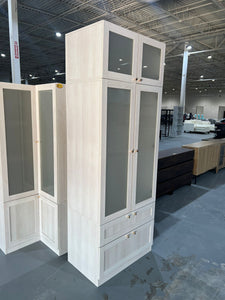 New Homsee Armoire Wardrobe Closet with Frosted Glass Doors, Hanging Bar & 2 Drawers, Wooden Closet Storage Cabinet with Top Cabinet for Bedroom, Warm Grey