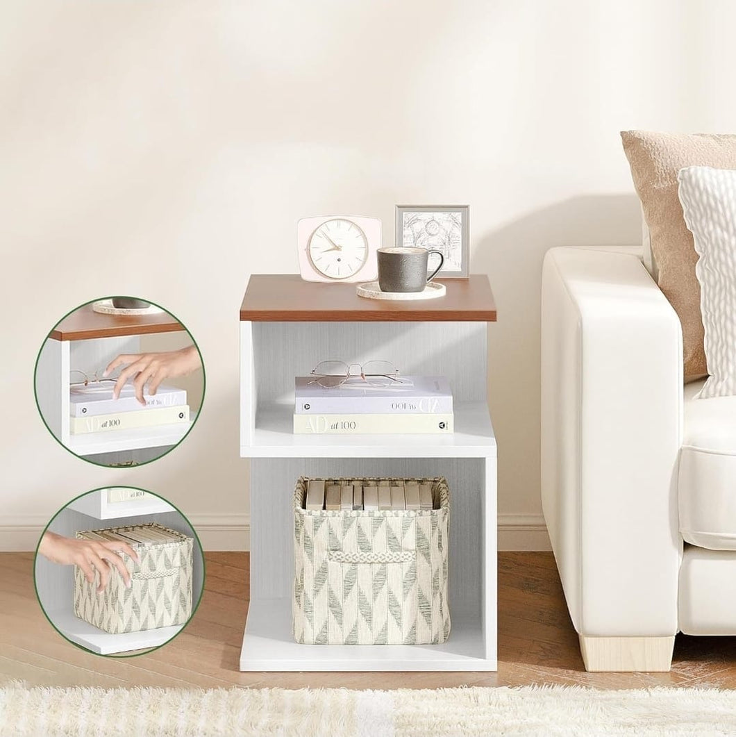 New S-Shaped Side Table 3 Tier, Minimalist Nightstand for Small Spaces with Open Storage, Narrow End Table for Living Room Bedroom