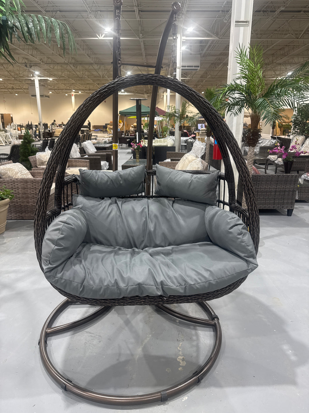 Dark Brown Wicker 2-Person Patio Hanging Double Egg Swing Chair with Stand & Cushions for Indoor/Outdoor Garden (Gray)