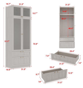 New Homsee Armoire Wardrobe Closet with Frosted Glass Doors, Hanging Bar & 2 Drawers, Wooden Closet Storage Cabinet with Top Cabinet for Bedroom, Warm Grey