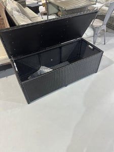 Patio Storage Bench Rattan Wicker Deck Box with Acacia Wood Seat, Gas Strut, Zipper Liner, Handles, Outdoor Storage Container for Patio Furniture Cushions Pillows