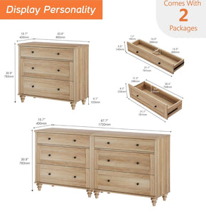 New WAMPAT Dressers Set of 2 for Bedroom with 6 Drawers, Oak Kids Dressers with Wide Chest of Drawers, Mid Century Modern Wooden Closet Storage Organizer, Large Wood Dressers for Living Room, Nursery, Hallway