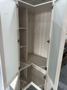 L-Shape Wardrobe Armoire Closet with Hanging Rod & Shelf, Bedroom Armoire with Frosted Glass Doors, Clothes Wardrobe with Gold Knob, Wood Grain