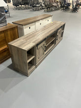 Cargar imagen en el visor de la galería, New WAMPAT Modern Farmhouse 3 in 1 TV Stand for up to 85&quot; TVs Wood Entertainment Center with Sliding Barn Door and Adjustable Media Storage Shelf for Living Room,Washed Grey
