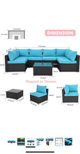 Cargar imagen en el visor de la galería, New 7-Piece Patio Furniture Set - Outdoor Sectional Sofa Set with Cushions and Glass-Top Coffee Table for Gardens, Poolside, Backyards and Porches, Black/Blue
