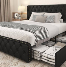 Load image into Gallery viewer, Upholstered Queen Size Platform Bed Frame with 4 Storage Drawers and Headboard, Diamond Stitched Button Tufted, Mattress Foundation with Wooden Slats Support, No Box Spring Needed, Dark Grey
