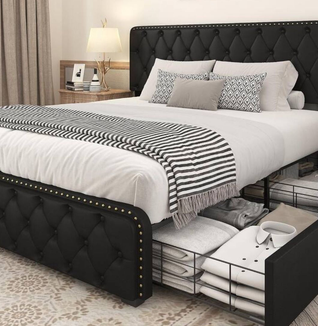Upholstered Queen Size Platform Bed Frame with 4 Storage Drawers and Headboard, Diamond Stitched Button Tufted, Mattress Foundation with Wooden Slats Support, No Box Spring Needed, Dark Grey