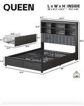 Cargar imagen en el visor de la galería, Queen Bed Frame with Headboard, Metal Platform Queen Bed Frame with High Bookcase Headboard, 4 Storage Drawers &amp; Charging Station &amp; LED, Noise-Free, NO Box Spring Needed,Rustic Grey
