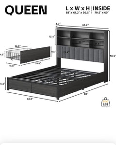 Queen Bed Frame with Headboard, Metal Platform Queen Bed Frame with High Bookcase Headboard, 4 Storage Drawers & Charging Station & LED, Noise-Free, NO Box Spring Needed,Rustic Grey