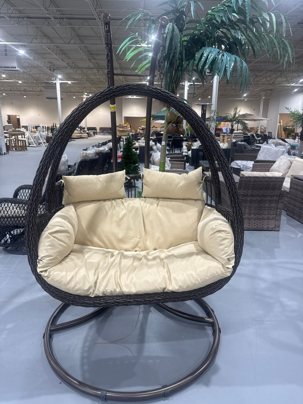 Dark Brown Wicker 2-Person Patio Hanging Double Egg Swing Chair with Stand & Cushions for Indoor/Outdoor Garden (Beige)