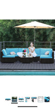 Cargar imagen en el visor de la galería, New 7-Piece Patio Furniture Set - Outdoor Sectional Sofa Set with Cushions and Glass-Top Coffee Table for Gardens, Poolside, Backyards and Porches, Black/Blue
