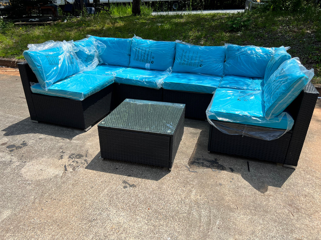 New 7-Piece Patio Furniture Set - Outdoor Sectional Sofa Set with Cushions and Glass-Top Coffee Table for Gardens, Poolside, Backyards and Porches, Black/Blue