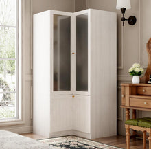 Cargar imagen en el visor de la galería, L-Shape Wardrobe Armoire Closet with Hanging Rod &amp; Shelf, Bedroom Armoire with Frosted Glass Doors, Clothes Wardrobe with Gold Knob, Wood Grain
