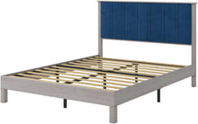 Load image into Gallery viewer, Full Bed Frame, Wood with Wood Headboard Bed Frame with upholstered headboard Wood Foundation with Wood Slat Support No Box Spring Needed Easy Assembly (Full)
