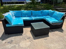 Cargar imagen en el visor de la galería, New 7-Piece Patio Furniture Set - Outdoor Sectional Sofa Set with Cushions and Glass-Top Coffee Table for Gardens, Poolside, Backyards and Porches, Black/Blue

