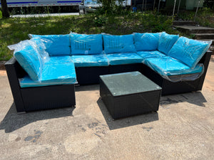 New 7-Piece Patio Furniture Set - Outdoor Sectional Sofa Set with Cushions and Glass-Top Coffee Table for Gardens, Poolside, Backyards and Porches, Black/Blue