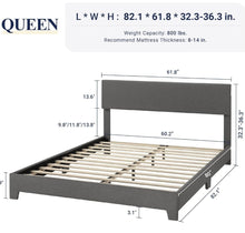 Cargar imagen en el visor de la galería, Queen Bed Frame with Adjustable Headboard, Upholstered Platform Bed with Wood Slats, Heavy Duty Mattress Foundation, No Box Spring Needed, Noise-Free,Dark Grey
