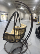 Cargar imagen en el visor de la galería, Dark Brown Wicker 2-Person Patio Hanging Double Egg Swing Chair with Stand &amp; Cushions for Indoor/Outdoor Garden (Beige)
