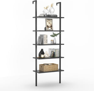 New 5-Shelf Bookcase Wall Mount Bookshelf Modern Ladder Shelves with Wood Board and Industrial Metal Frame, for Home Office, Living Room, Bedroom, Entryway and Hallway (Black)