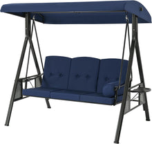 Cargar imagen en el visor de la galería, Outdoor Porch Swing, 3-Seat Porch Swing with Adjustable Canopy, Outdoor Swings for Adult with Dark Blue Removable Cushions for Backyard, Garden, Yard, Poolside, Balcony
