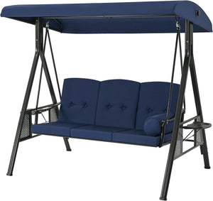 Outdoor Porch Swing, 3-Seat Porch Swing with Adjustable Canopy, Outdoor Swings for Adult with Dark Blue Removable Cushions for Backyard, Garden, Yard, Poolside, Balcony