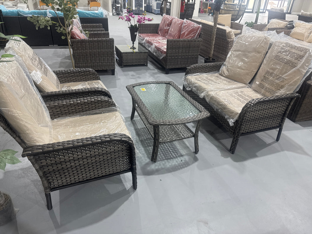 New 4 Pieces Patio Furniture Set, Outdoor Wicker Sofa with Coffee Table, Chairs, All Weather High Back Rattan Loveseat Couch with Comfy Cushions, Beige