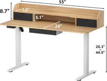 Load image into Gallery viewer, Height Adjustable Electric Standing Desk with Triple Drawers 55 x 24 Inches Stand Up Desk with Large Storage Shelf Memory Preset Sit Stand Desk, Maple
