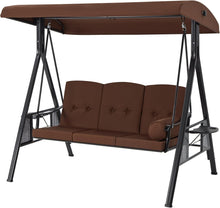 Cargar imagen en el visor de la galería, Outdoor Porch Swing, 3-Seat Porch Swing with Adjustable Canopy, Outdoor Swings for Adult with Brown Removable Cushions for Backyard, Garden, Yard, Poolside, Balcony
