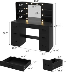Vanity Desk with Mirror, LED Lights and Power Outlet Makeup Vanity Table with 7 Drawers and 6 Storage Shelves Dressing Table for Bedroom Dressing Room (Black)