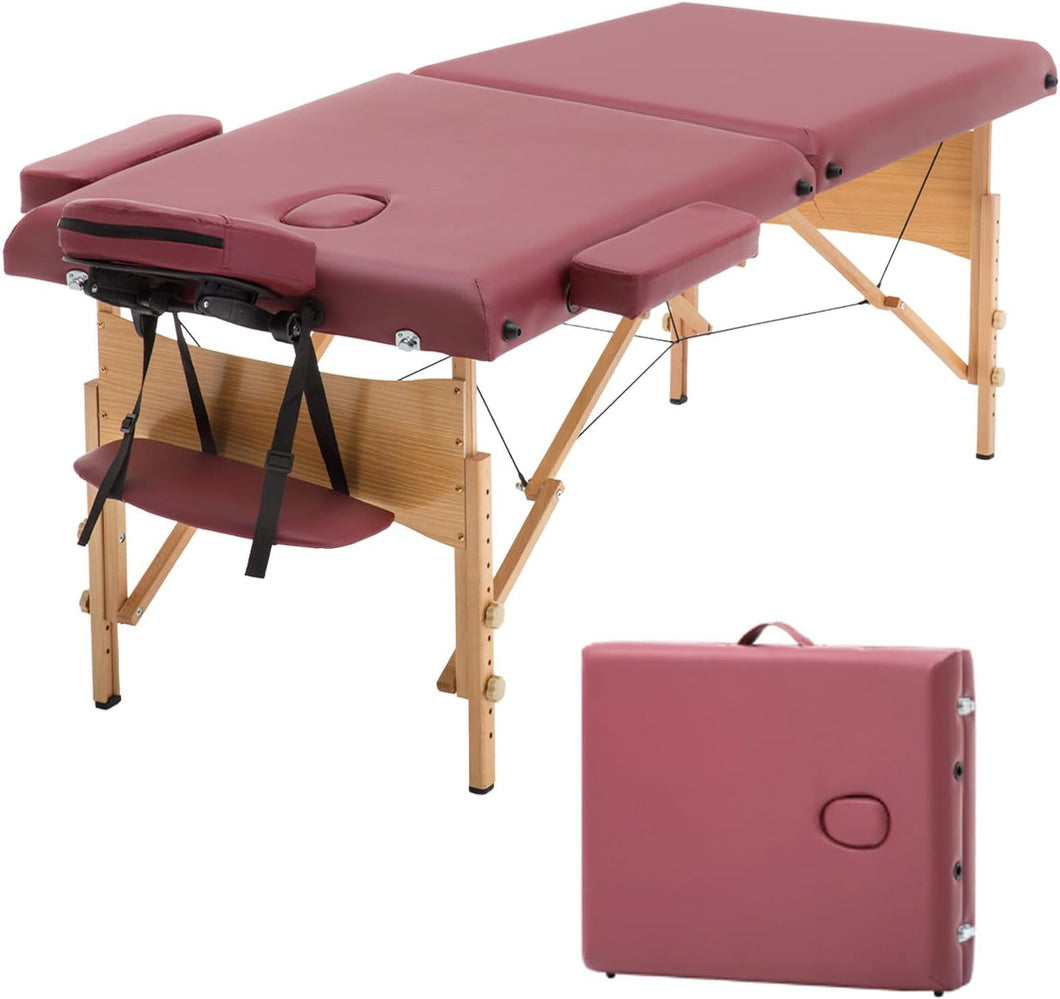 Portable Massage Table 28 Inch Wide Lash Bed Height Adjustable 2 Folding Spa Table with Non-Woven Bag for Spa Footmassage Facial CareSpa Tattoo(Burgundy)