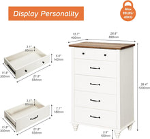 Load image into Gallery viewer, WAMPAT White Dresser for Bedroom with 5 Drawers, Small Kids Dressers with Wide Chest of Drawers, Mid Century Wooden Closet Storage Organizer, Tall Dressers for Nursery, Living Room, Hallway
