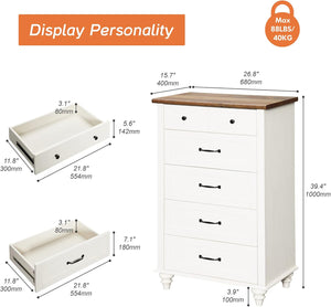 WAMPAT White Dresser for Bedroom with 5 Drawers, Small Kids Dressers with Wide Chest of Drawers, Mid Century Wooden Closet Storage Organizer, Tall Dressers for Nursery, Living Room, Hallway