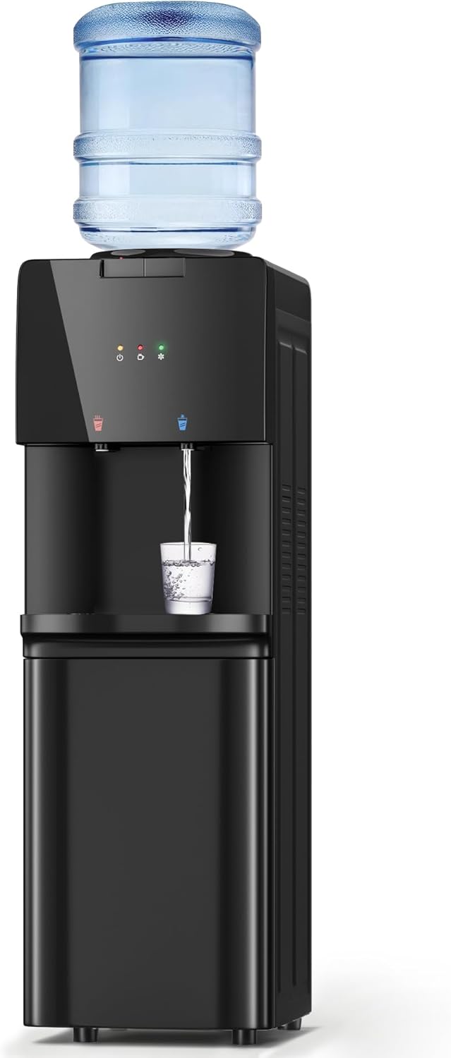 Water Dispenser with Hot & Cold Water, Top Loading Water Cooler for 3 or 5 Gallon Bottles with Child Safety Lock, Ideal for Kitchens, Offices, Pitch-Black