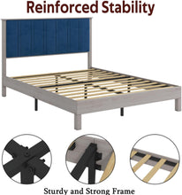 Load image into Gallery viewer, Full Bed Frame, Wood with Wood Headboard Bed Frame with upholstered headboard Wood Foundation with Wood Slat Support No Box Spring Needed Easy Assembly (Full)
