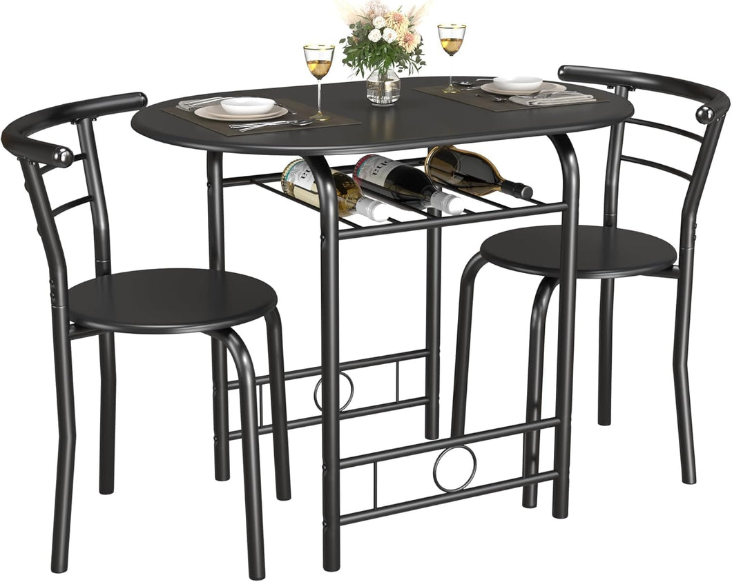 New 3-Piece Wooden Round Table & Chair Set, Space Saving Kitchen Breakfast Nook Wood Grain Tabletop with Metal Frame and Built-in Wine Rack for Kitchen, Dining Room (Black)