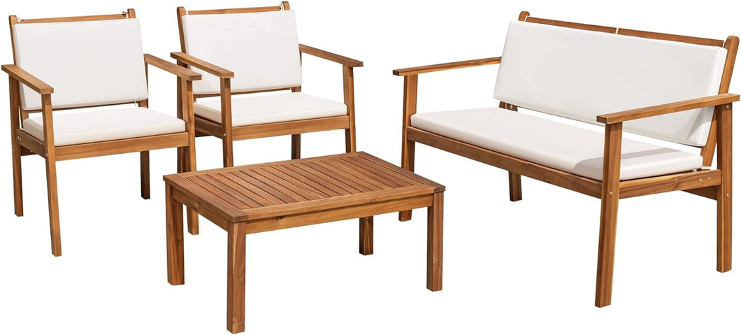 Patio Furniture 4 Piece Outdoor Acacia Wood Patio Conversation Sofa Set with Table & Cushions Porch Furniture for Deck, Balcony, Backyard